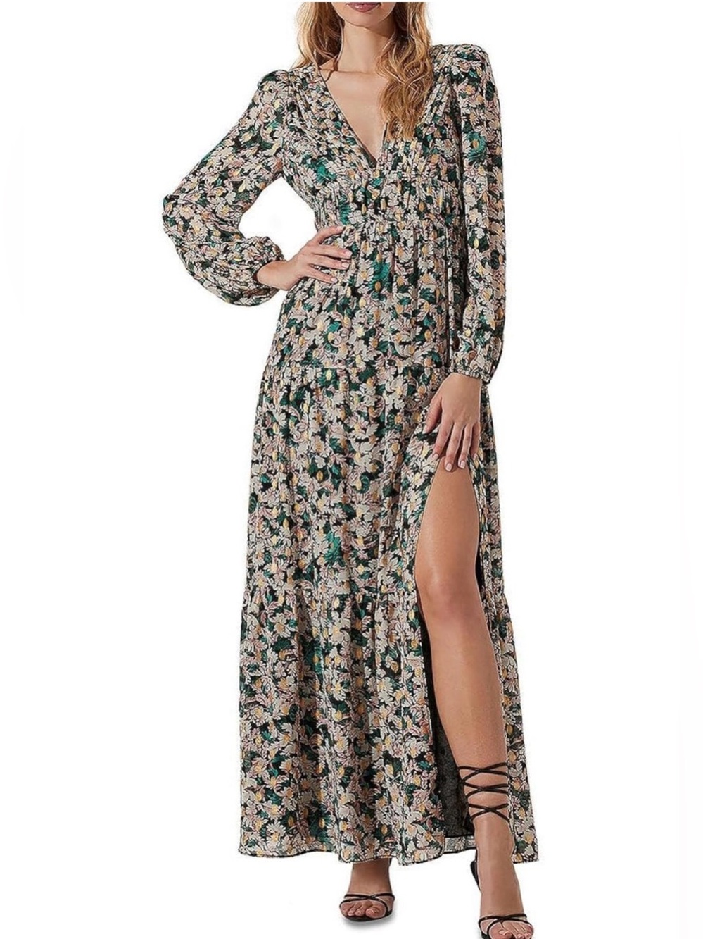 Astr Floral Deep V Maxi Dress in Pink and Green